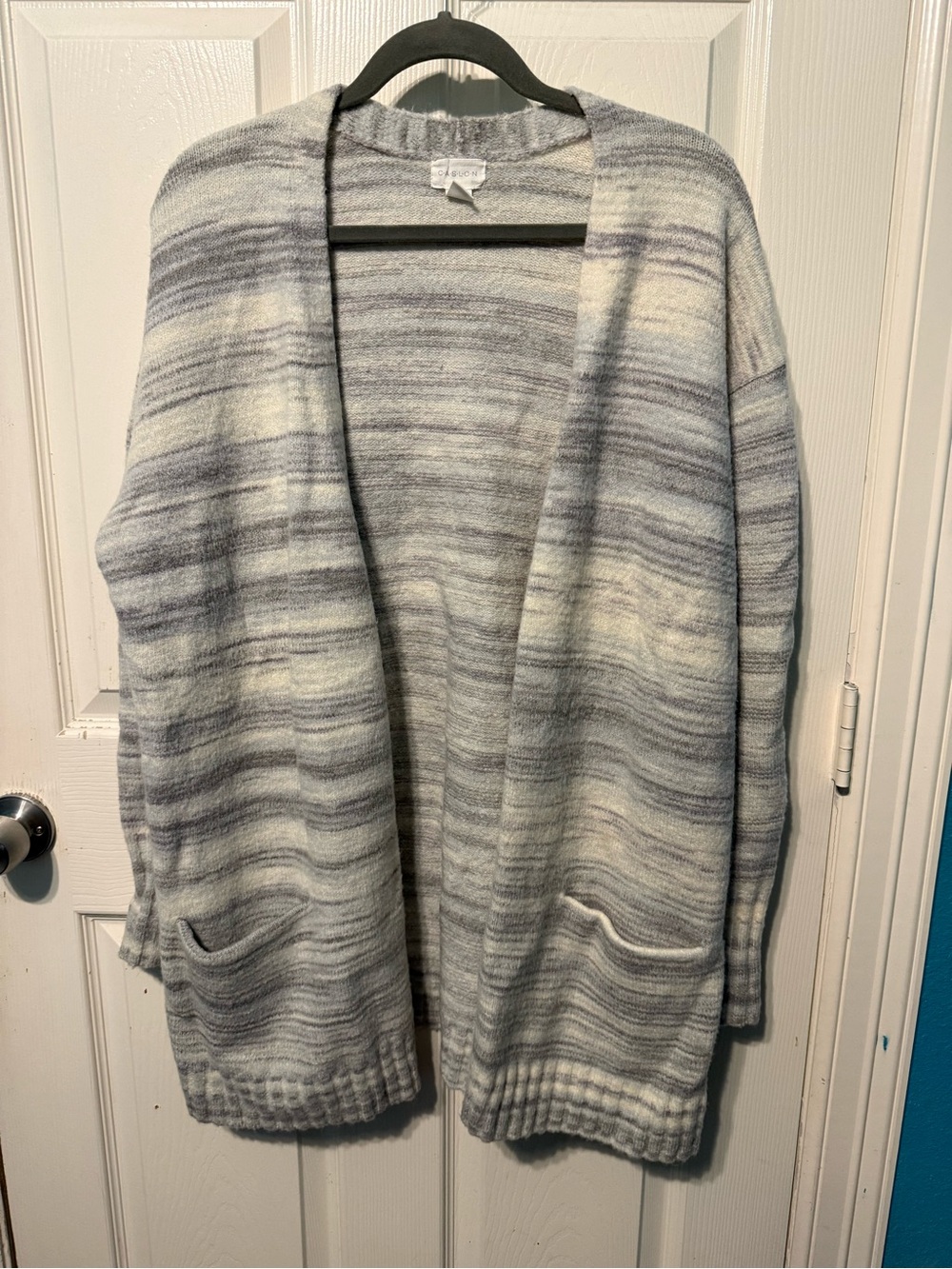 Caslon- Cozy Open-Front Striped Cardigan Sweater - Light Gray & Cream